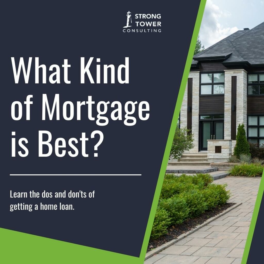 Outside of a modern home with text "What Kind of Mortgage is Best? Learn the dos and don'ts of home loans."
