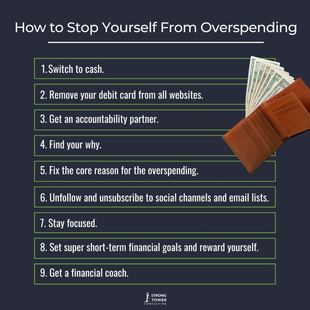 List of ways to keep yourself from overspending with an image of a full wallet. 