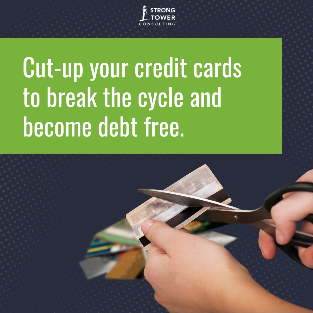 Someone cutting up credit cards with scissors.