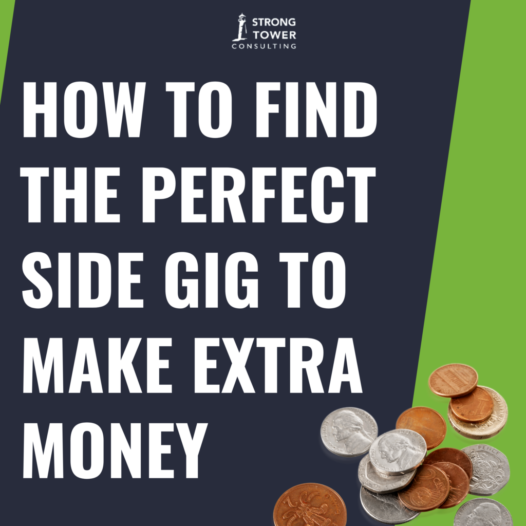 Text "How to Find the Perfect Side Gig to Make Extra Money" on green and blue background with coins.