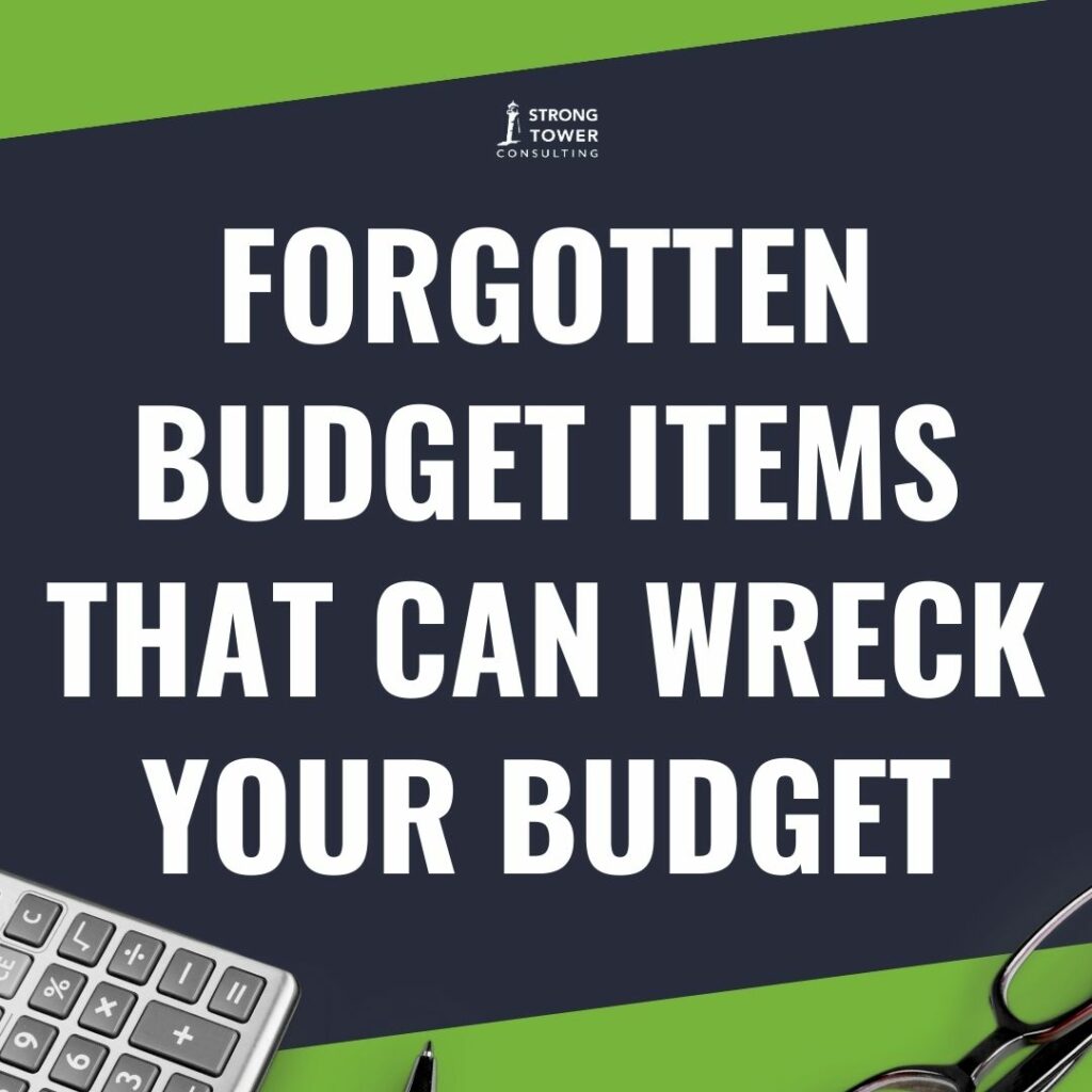 Calculator, pen, and glasses with text "Forgotten Budget Items that Can Wreck Your Budget."