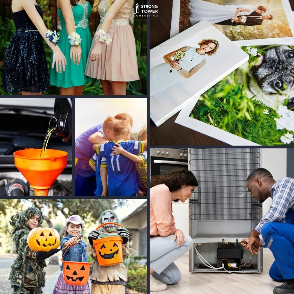 Collage including girls at prom, family photos, oil change, sports huddle, HVAC repair, and Halloween trick or treating.