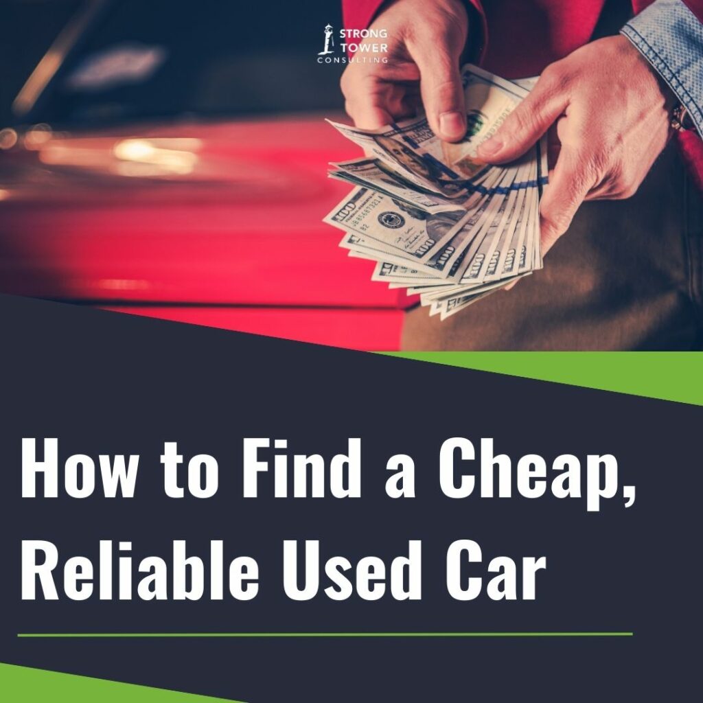 Man counting cash in front of a used car.