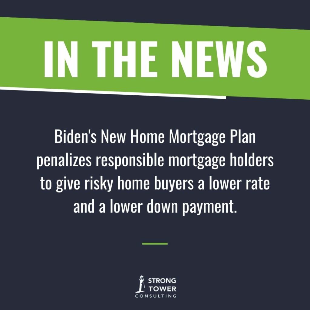 In the news graphic that says "Biden's New Home Mortgage Plan penalizes responsible mortgage holders to give risky home buyers a lower rate and a lower down payment."