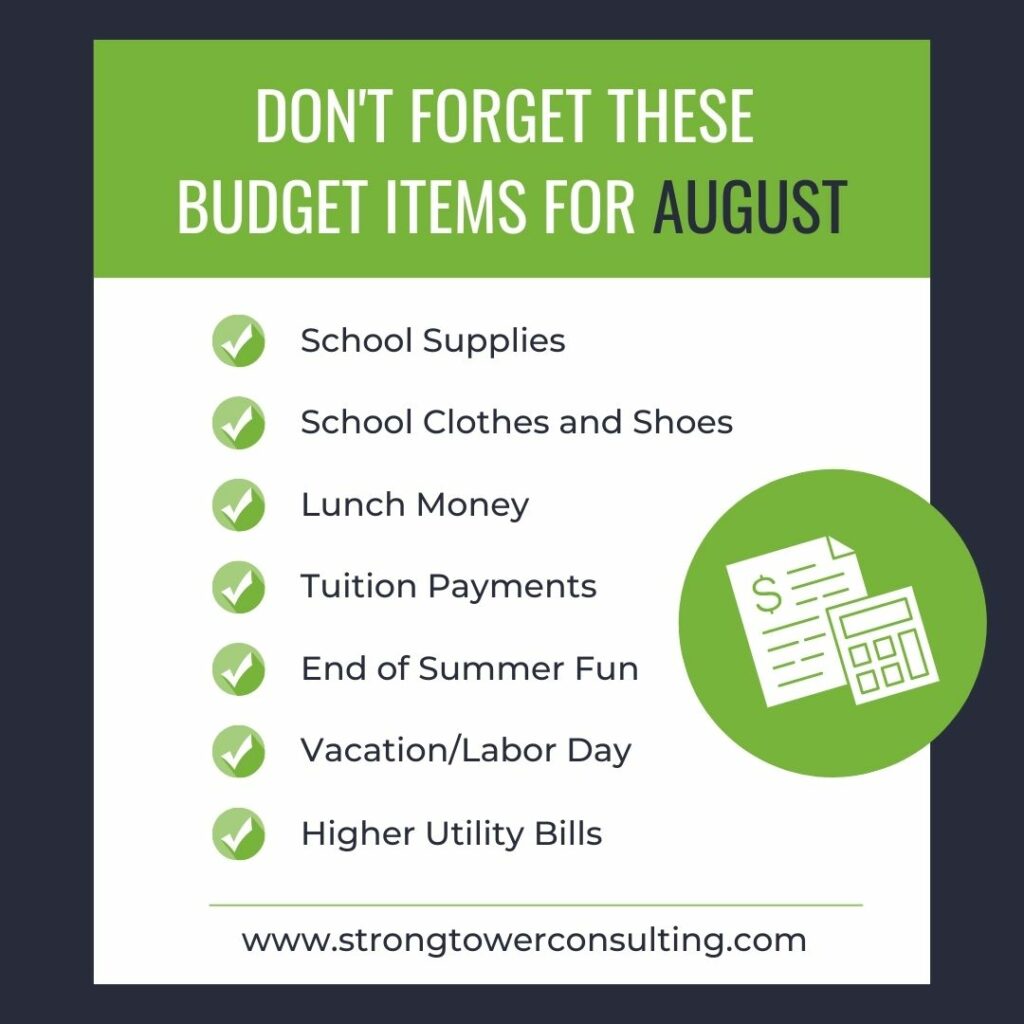 List of items to budget in August
