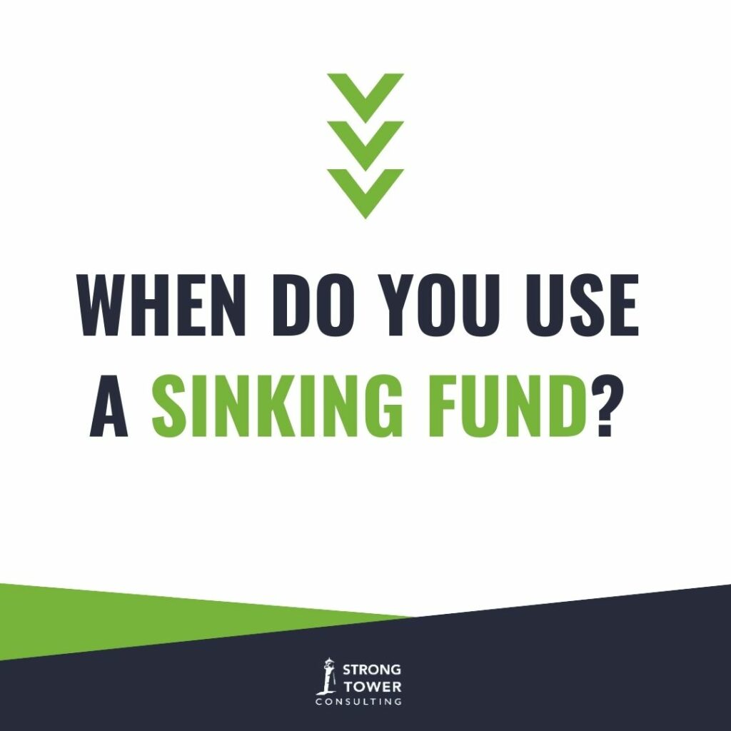 When, green, and blue background with text, "When do you use a sinking fund?"