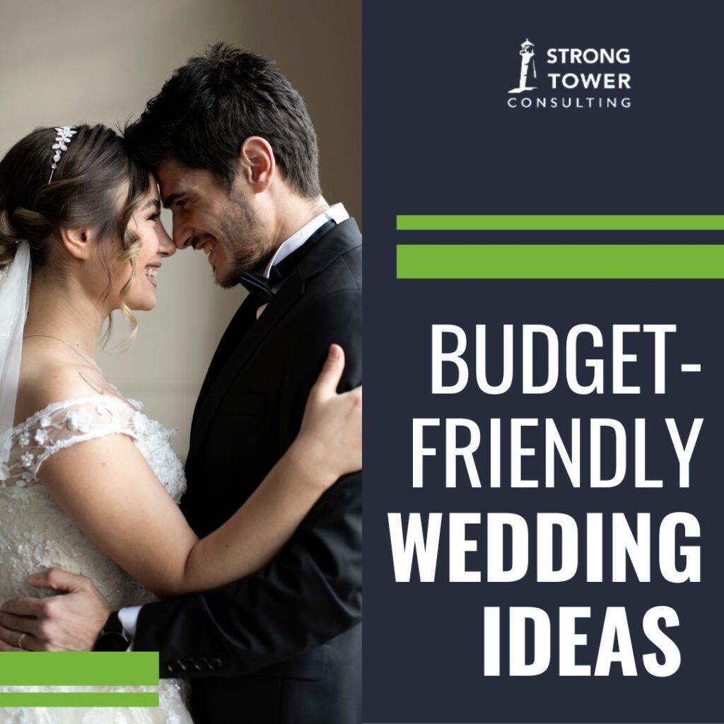 A couple in wedding attire embracing each other and looking into each other's ideas, the text reads "Budget-Friendly Wedding Ideas"
