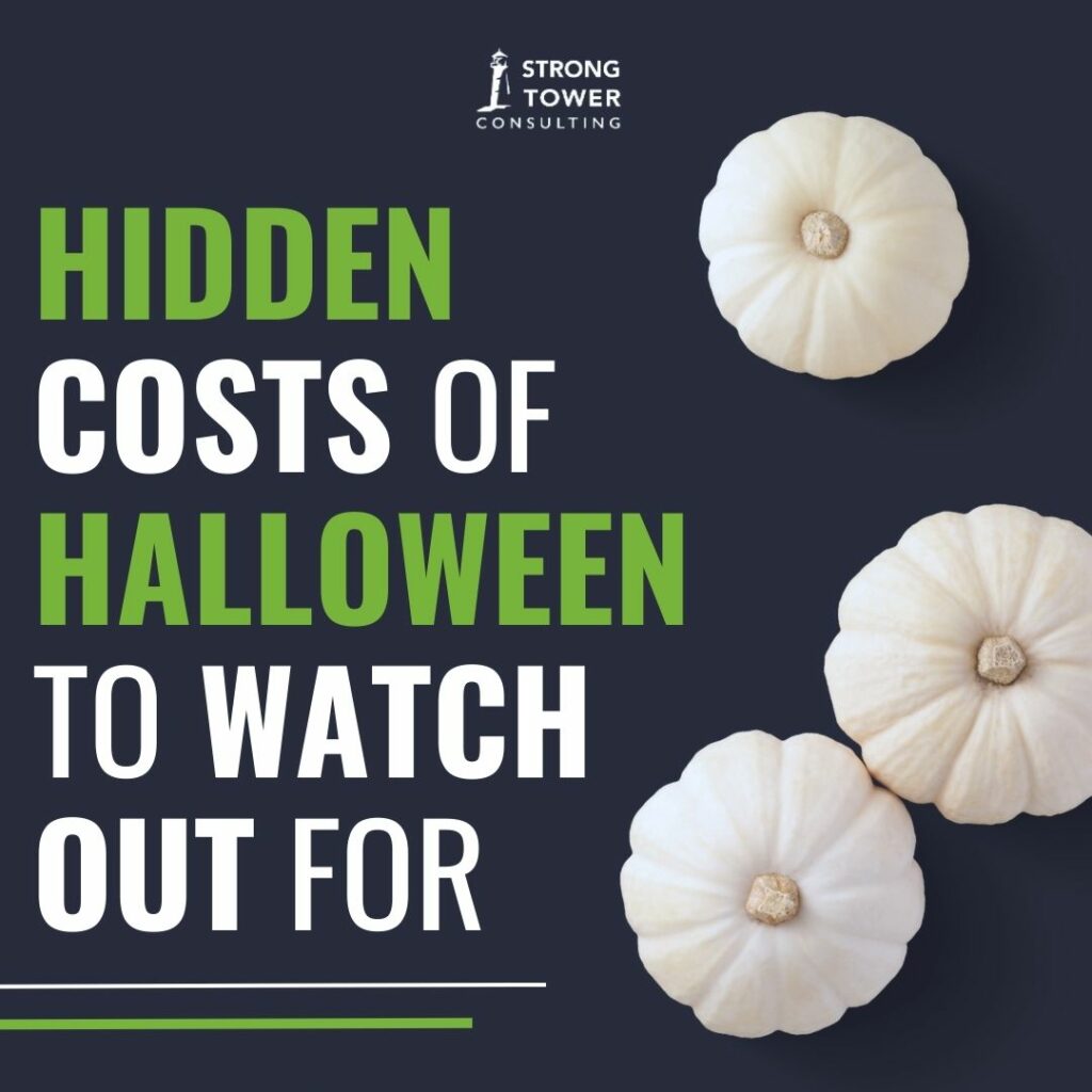 Three white Halloween pumpkins next to text "Hidden Costs of Halloween to Watch Out For."