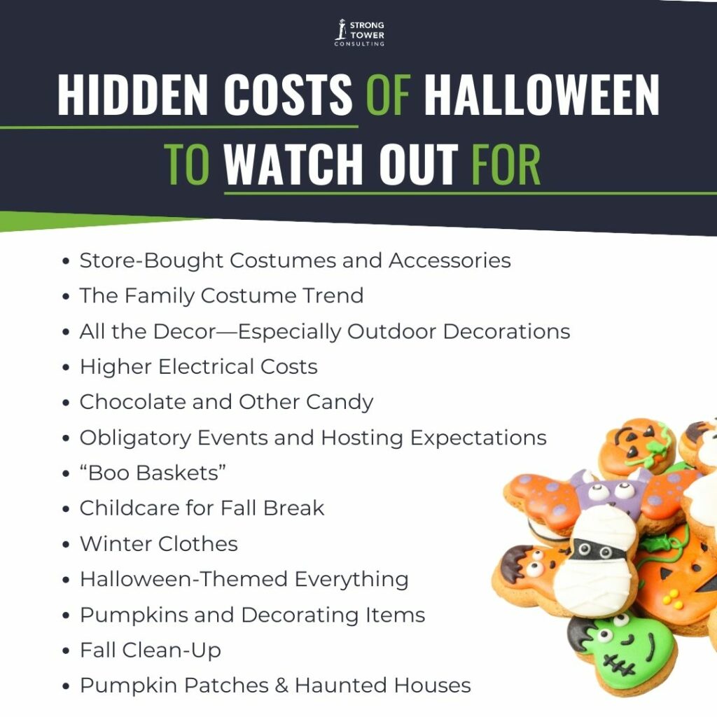 List of hidden costs of Hallowen to watch out for with a stack of iced Halloween-themed cookies. 