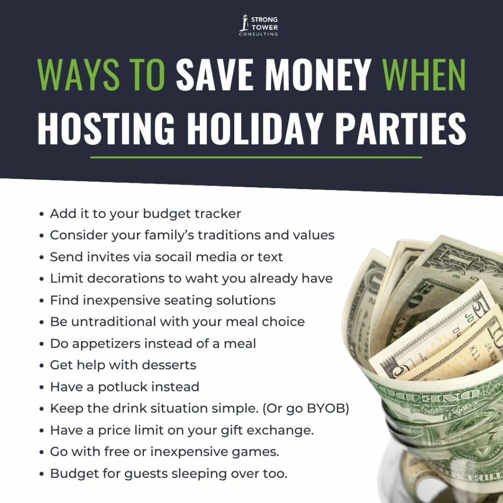 Jar filled with savings money and a list of money saving techniques for hosting holiday parties 