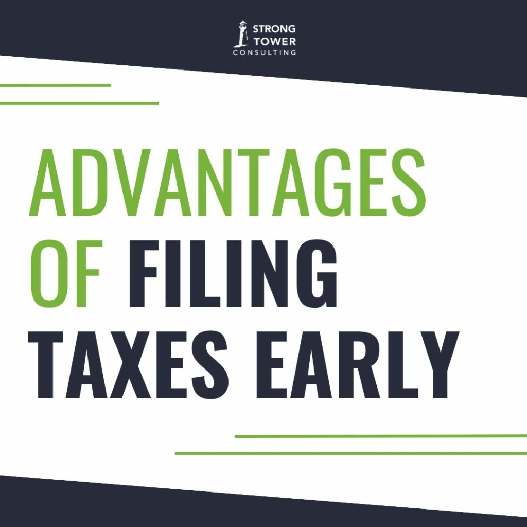 Graphic that reads "Advantages of Filing Taxes Early."