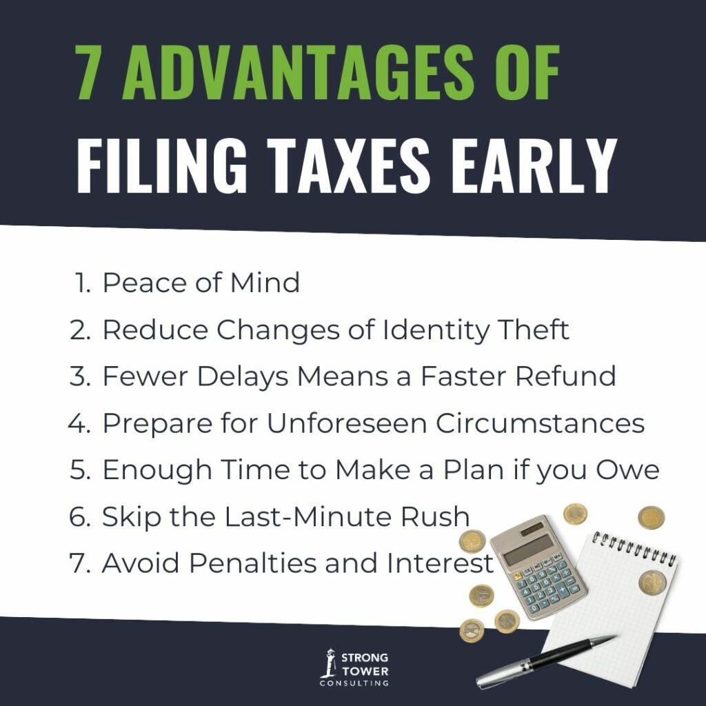 Calculator, coins, notepad, and pen scattered across graphic of list of advantages of filing taxes early