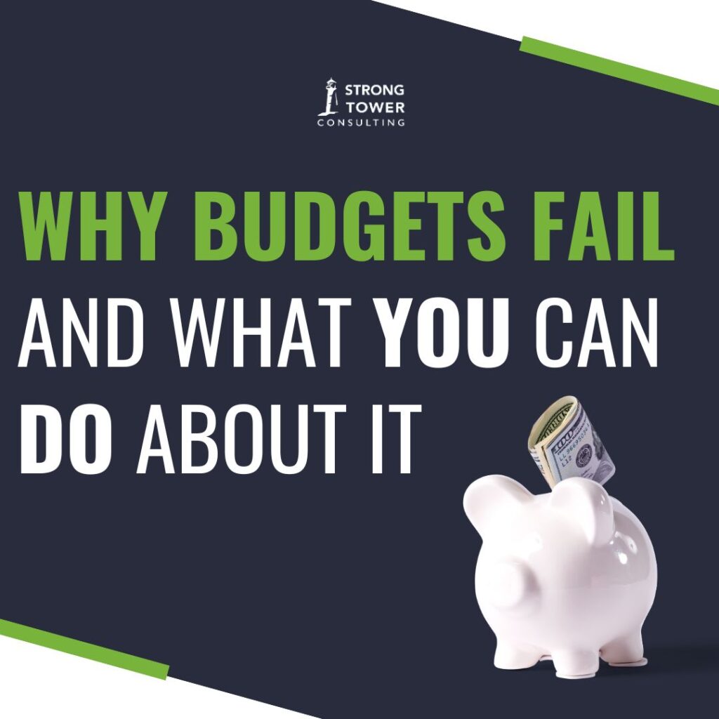 "Why budgets fail and what you can do about it" with a white piggybank and rolled up pieces of cash.