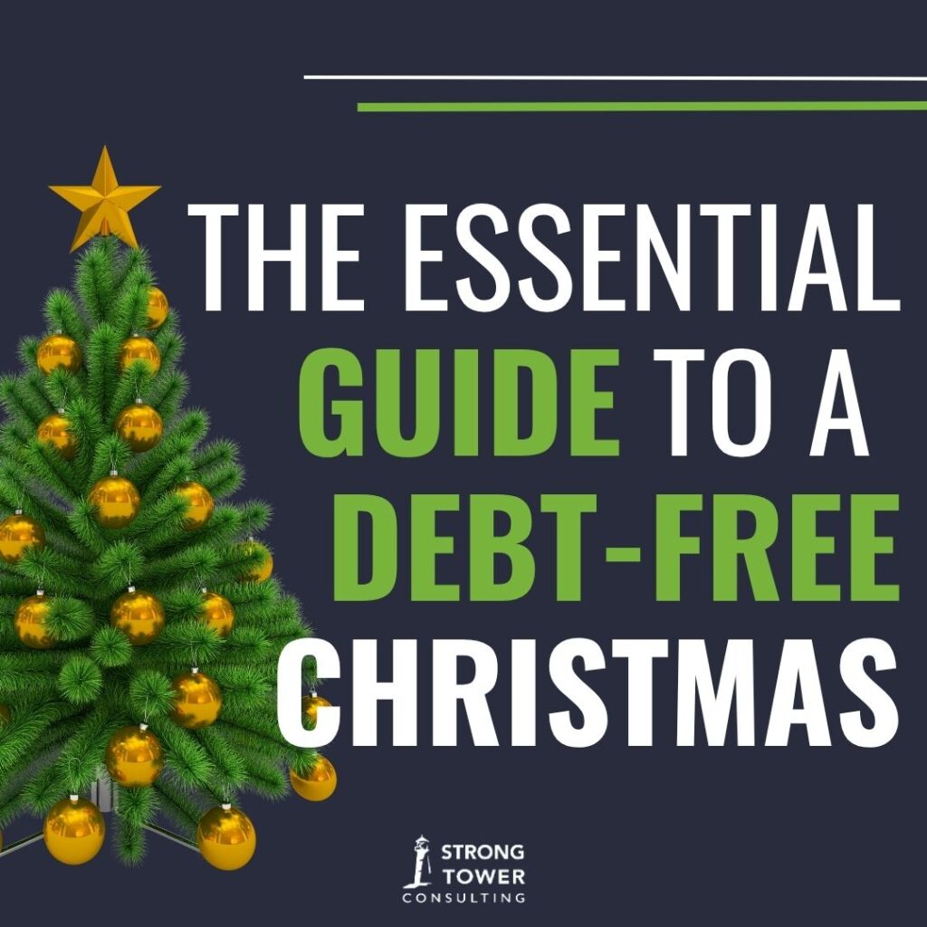 Christmas tree with text "The Essential Guide to a Debt-Free Christmas"