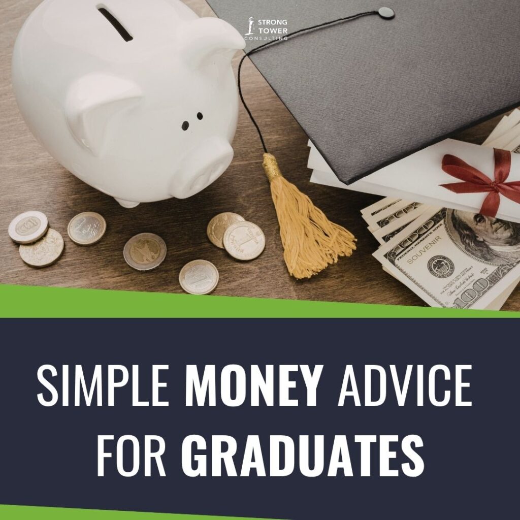 Graduation cap, piggy bank, cash, and diploma