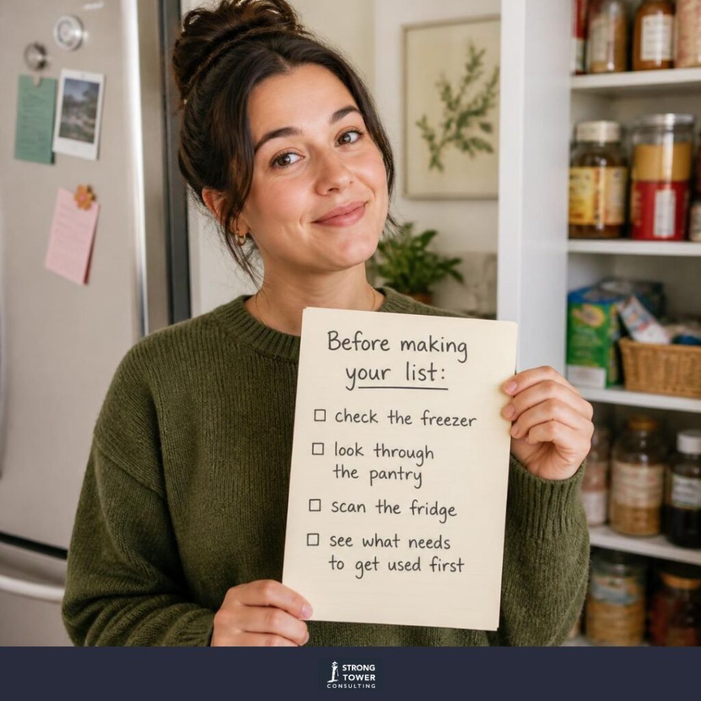 Woman holding a list of grocery tips