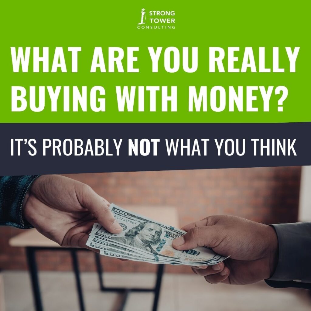 Two people exchanging money after something was purchased